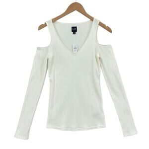 Gap Blouse Top Womens S Tall White Ribbed Cold Shoulder Sleeve V Neck Pullover